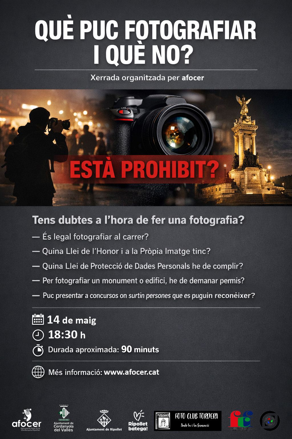 Cartell  de la ponència Què puc fotografiar? d'AFOCER 